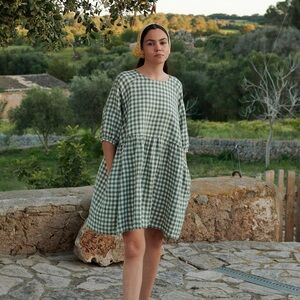 Linenfox green gingham summer dress small or medium